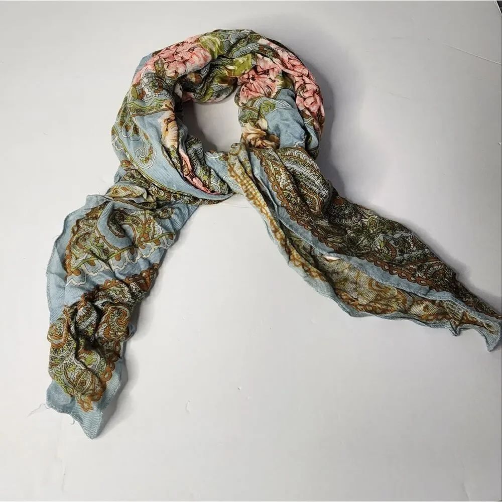 Vintage Scarf Black Pink Blue Floral  Square Fringed 100% Rayon Made In Italy